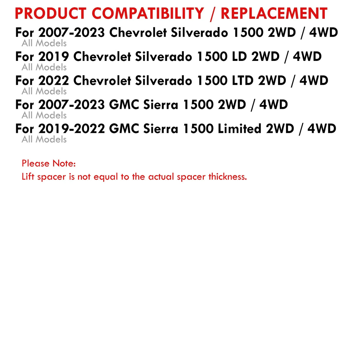 2020 Silverado 2018 Leveling 2" 2021 Front 2013 2012 2010 GMC Compatible/Replacement 2015 Sierra SL 2017 Kit 2009 2019 Chevy For 2008 Distributors 2014 Lift Chevrolet 2016 2011 Spacer 2" 2007 Rear AJP