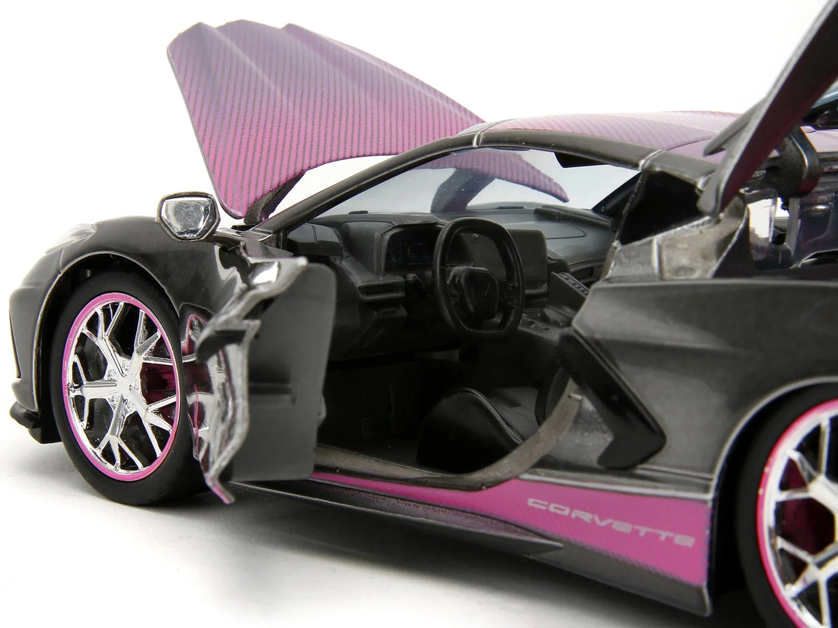 Corvette Car 2020 1/24 Gray Diecast Stingray Slips Carbon Metallic Hood Pink with Pink by Model and Jada Chevrolet Series Top